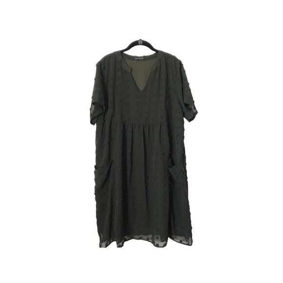Miholl Dress Size XXL Army Green Swiss Dots Lined Short Sleeve Midi Babydoll - Picture 1 of 14